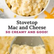 Stovetop mac and cheese Pinterest graphic with text and photos.