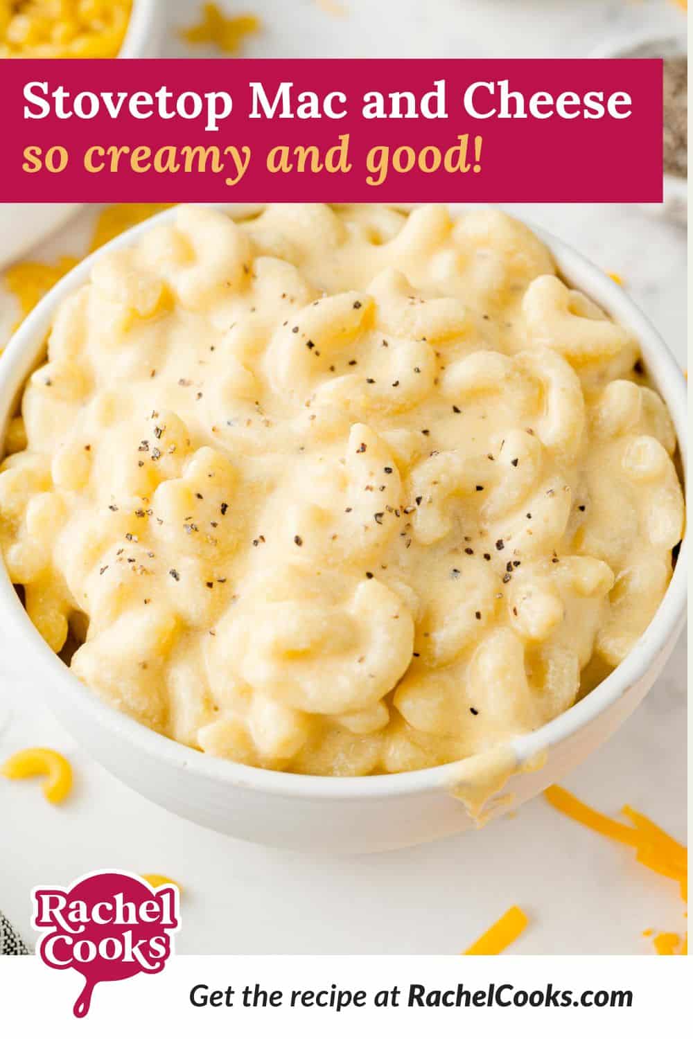 Stovetop mac and cheese Pinterest graphic with text and photos.