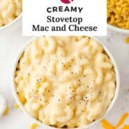 Stovetop mac and cheese Pinterest graphic with text and photos.