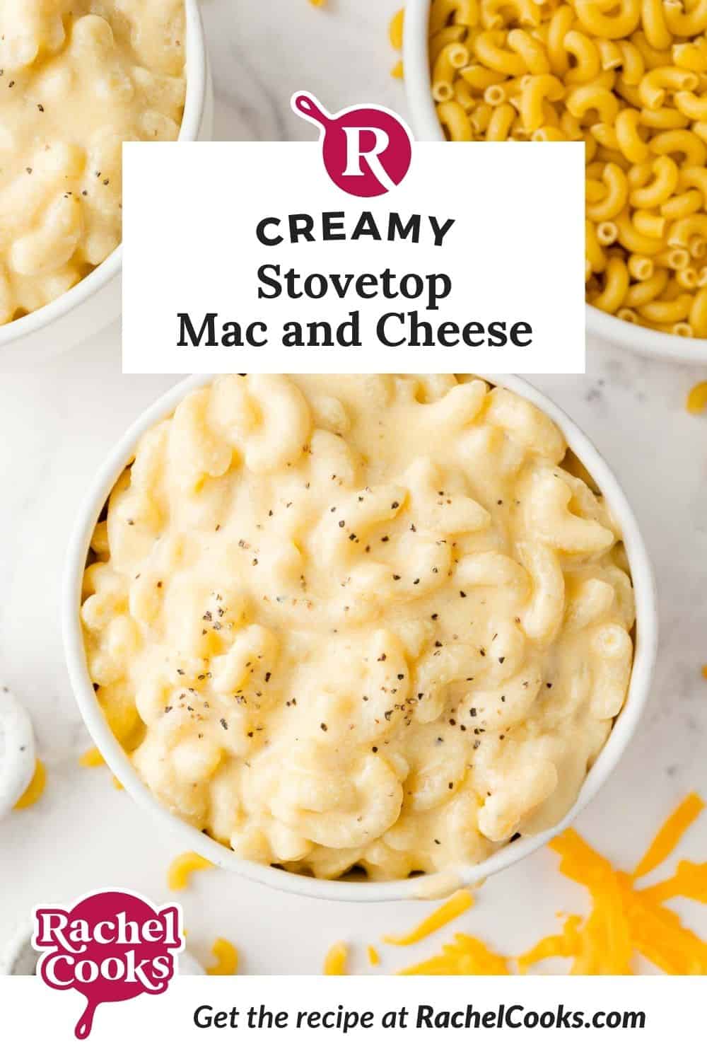 Stovetop mac and cheese Pinterest graphic with text and photos.