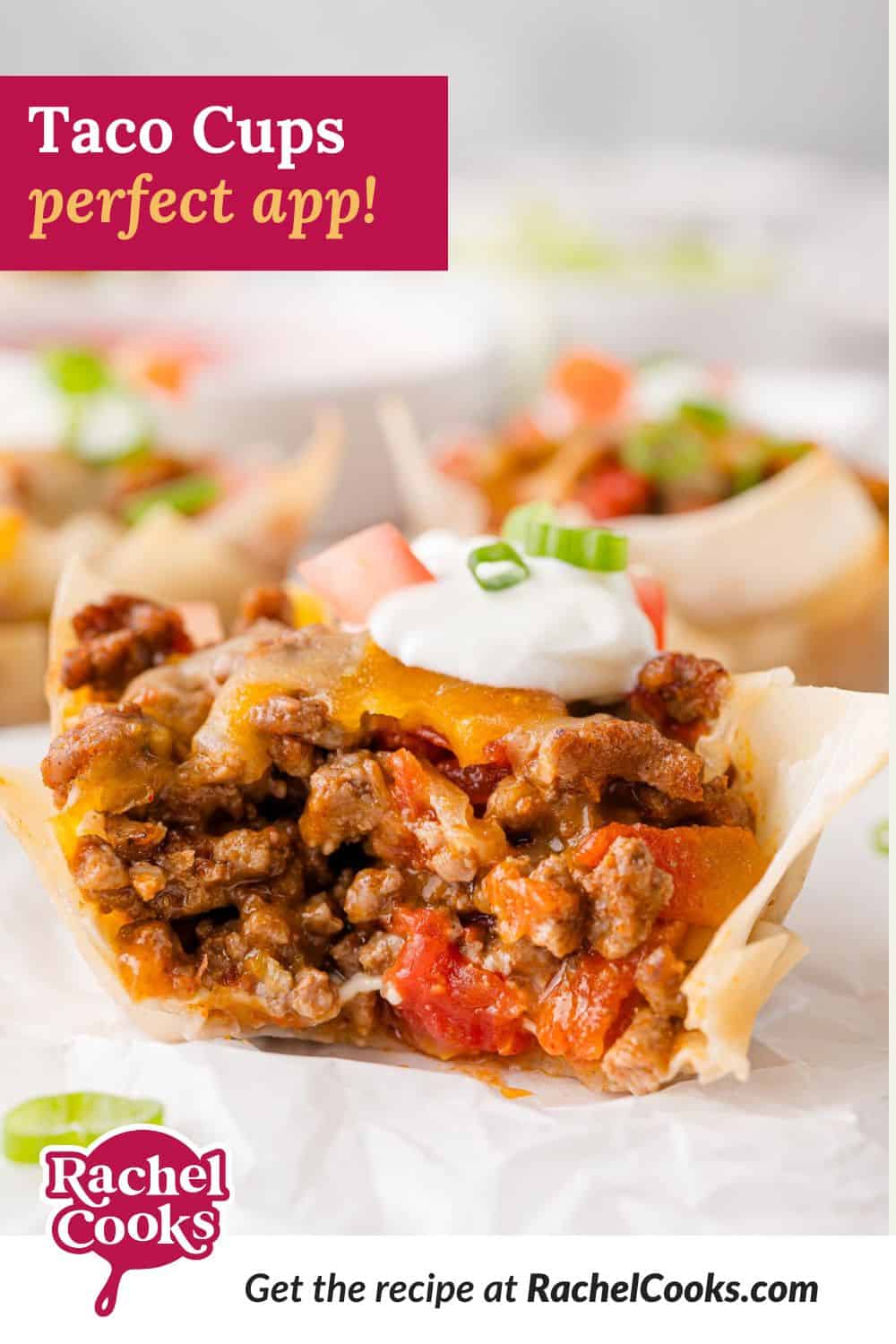 Taco cups Pinterest graphic with text and photos.