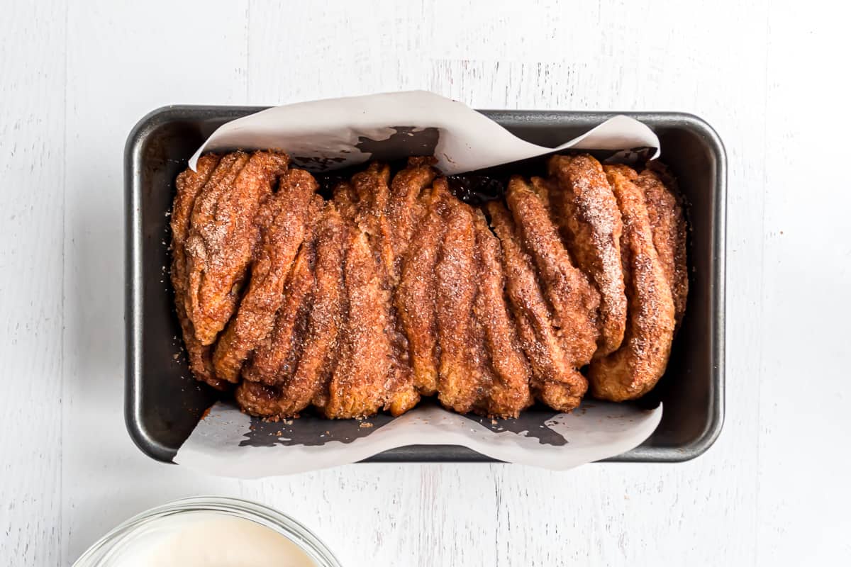 Baked cinnamon sugar pull apart loaf, glaze not yet added.