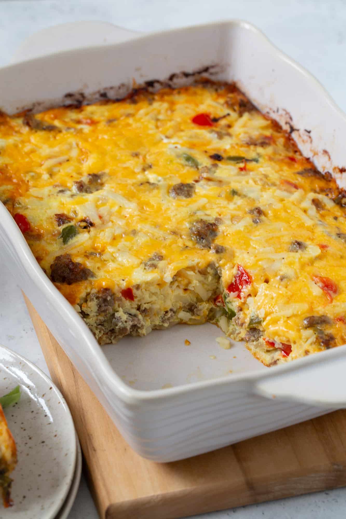 Egg casserole with a slice removed.