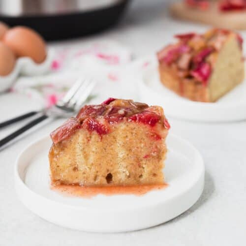 Slice of rhubarb Instant Pot cake in front of another.