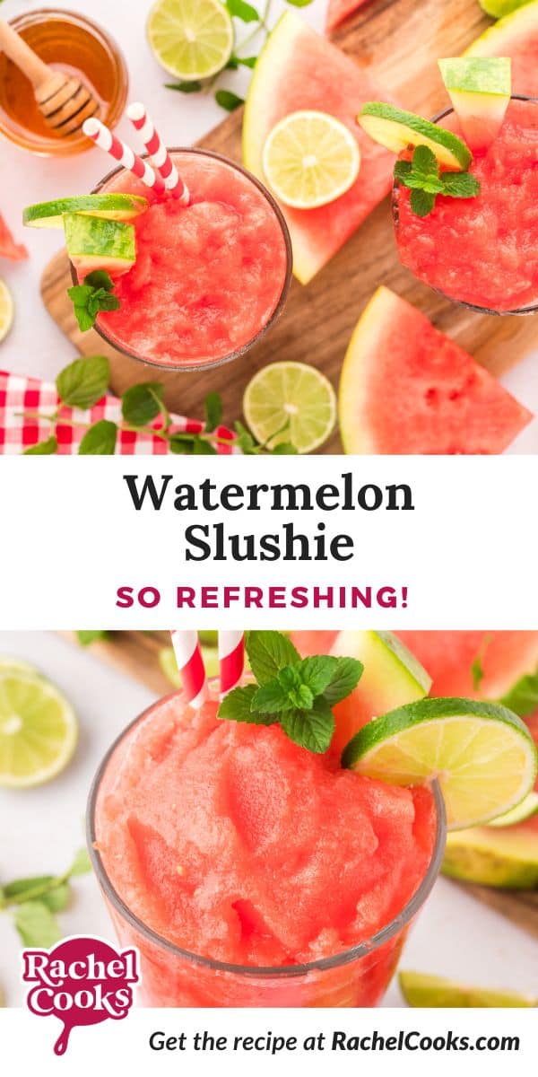 Watermelon slushie Pinterest graphic with text and photos.