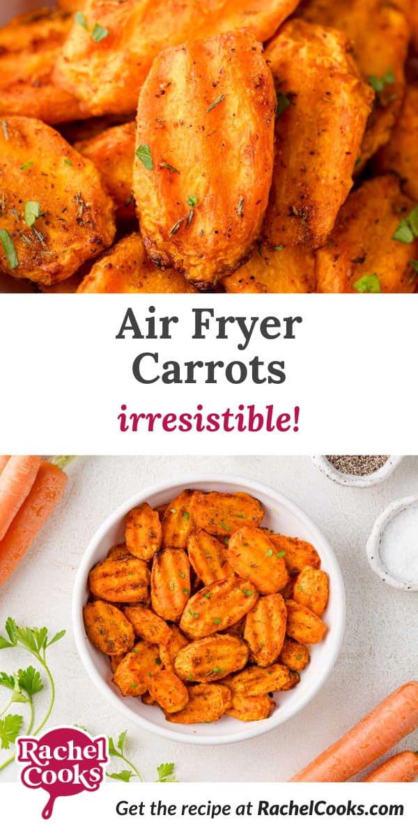 Air fryer carrots Pinterest graphic with text and photos.