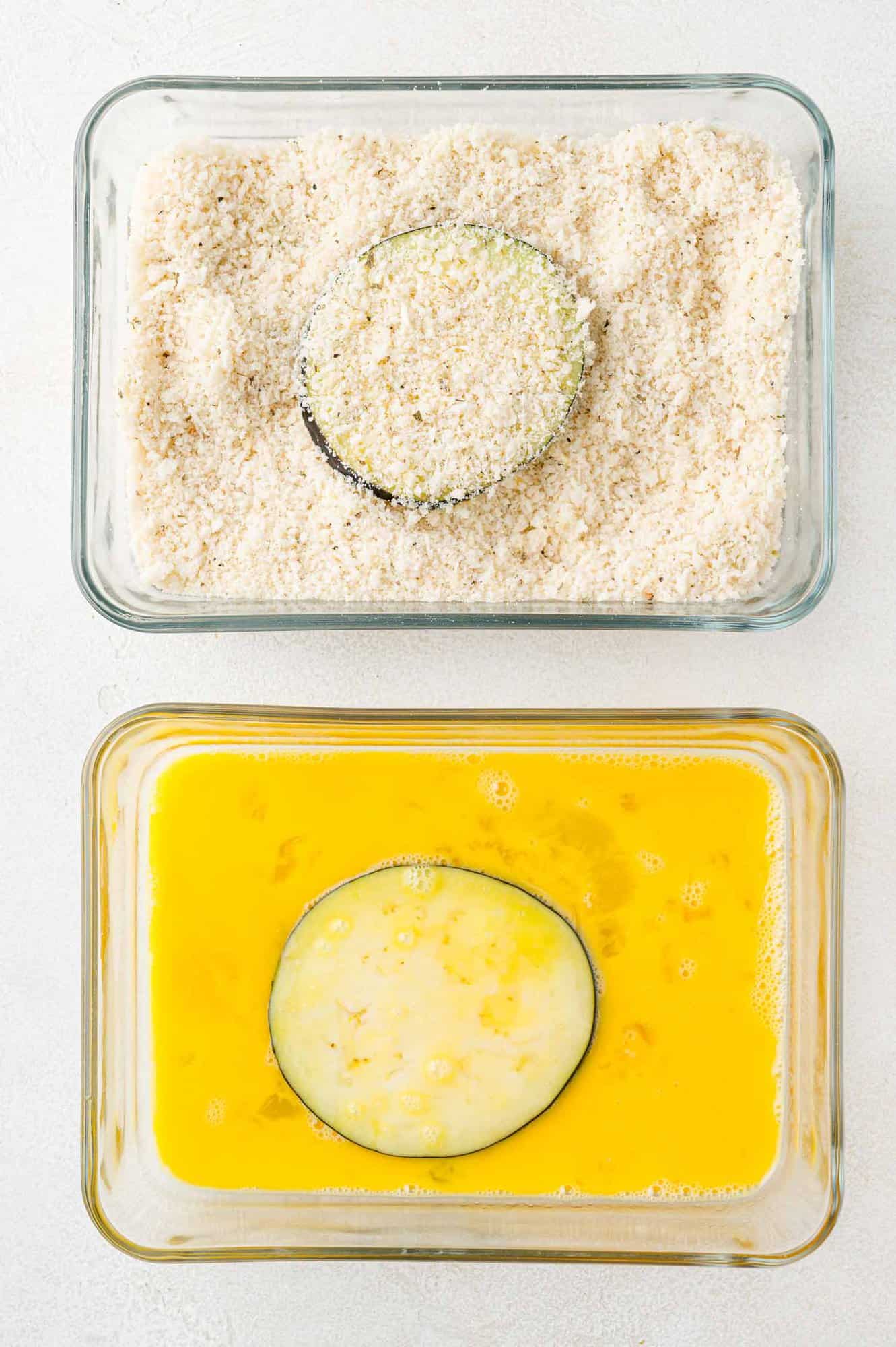 One eggplant slice in panko dish, one eggplant slice in beaten egg dish.