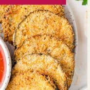 Air fryer eggplant Pinterest graphic with text and photos.