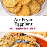 Air fryer eggplant Pinterest graphic with text and photos.