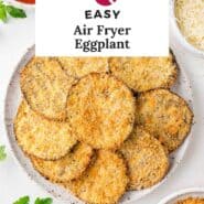 Air fryer eggplant Pinterest graphic with text and photos.