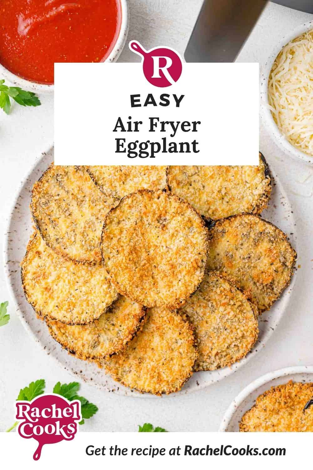 Air fryer eggplant Pinterest graphic with text and photos.