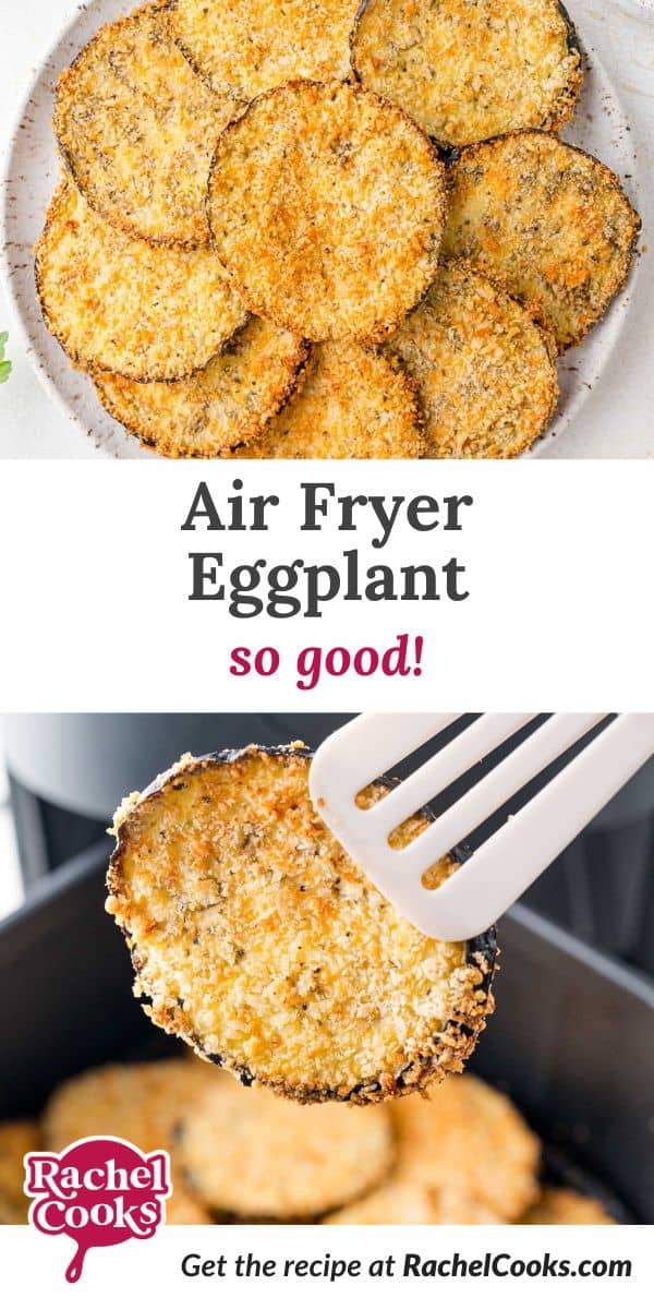Air fryer eggplant Pinterest graphic with text and photos.