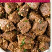 Air fryer steak bites Pinterest graphic with text and photos.