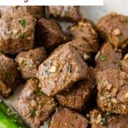 Air fryer steak bites Pinterest graphic with text and photos.