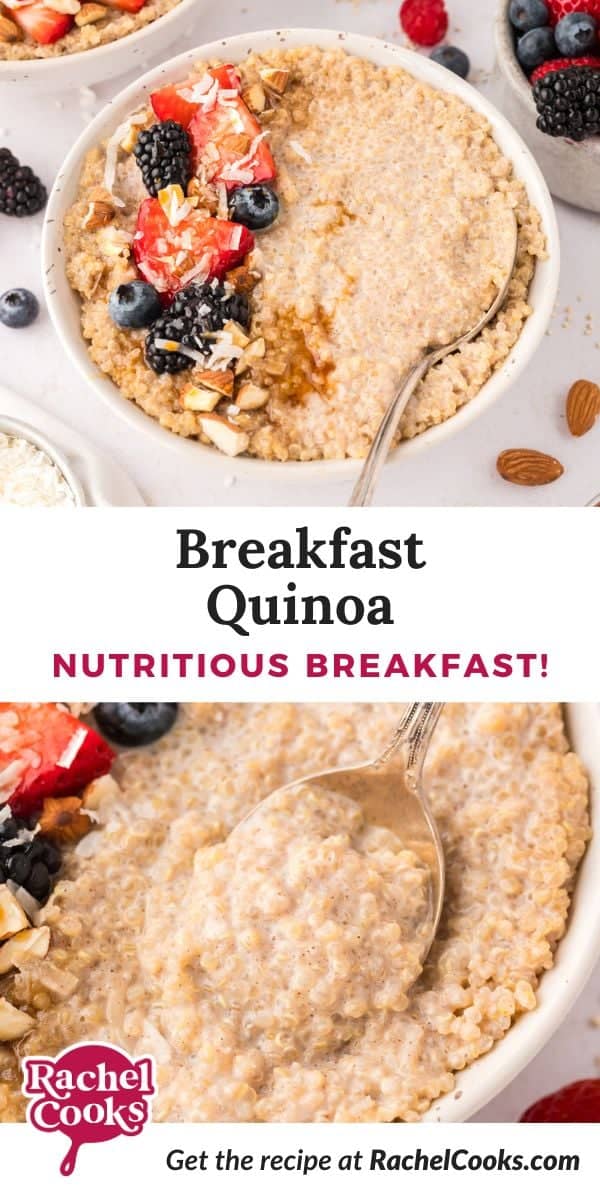 Breakfast quinoa Pinterest graphic with text and photos.