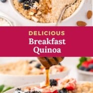 Breakfast quinoa Pinterest graphic with text and photos.