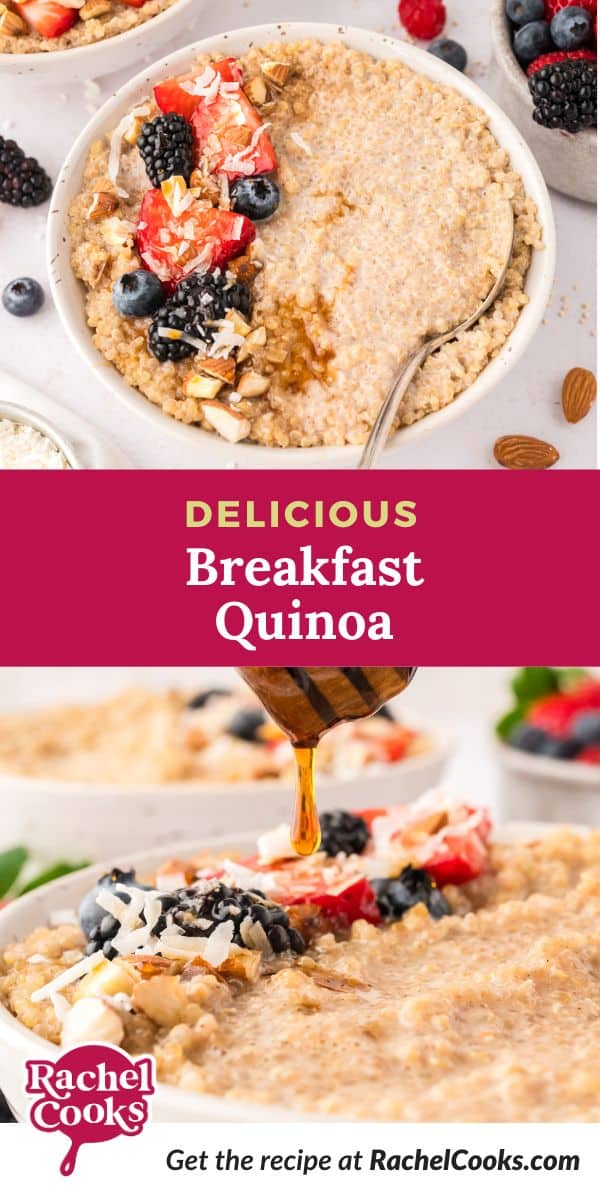 Breakfast quinoa Pinterest graphic with text and photos.
