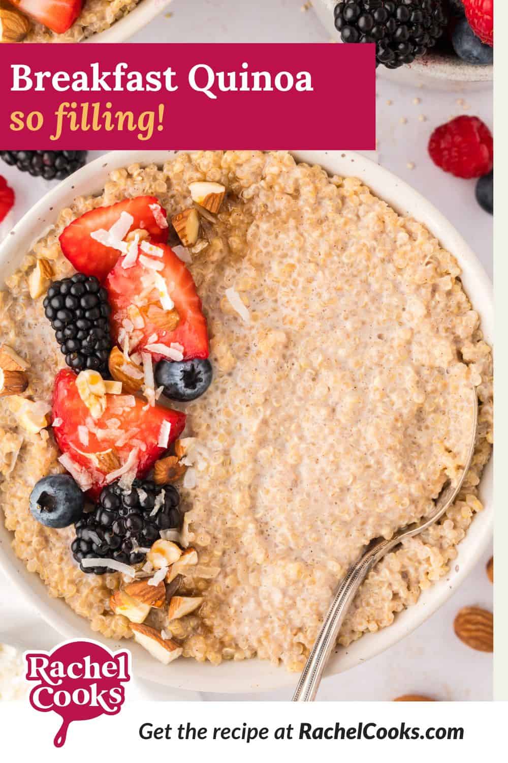 Breakfast quinoa Pinterest graphic with text and photos.
