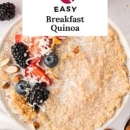 Breakfast quinoa Pinterest graphic with text and photos.