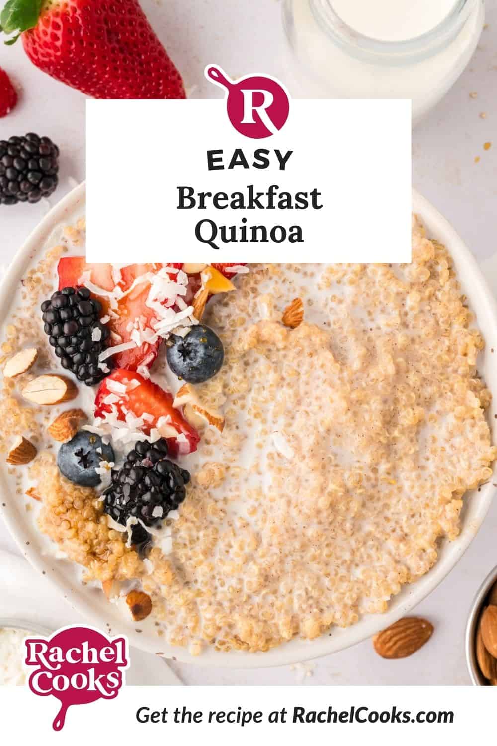 Breakfast quinoa Pinterest graphic with text and photos.