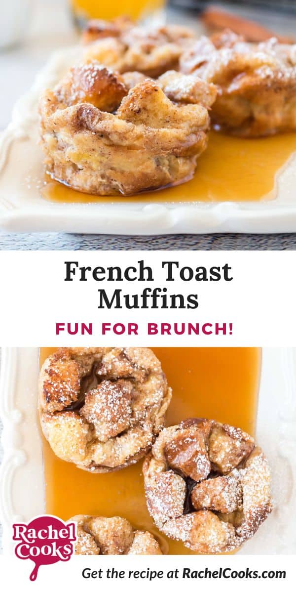 French toast muffins Pinterest graphic with text and photos.