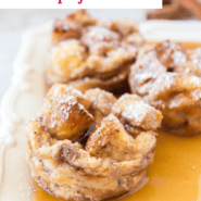 French toast muffins Pinterest graphic with text and photos.