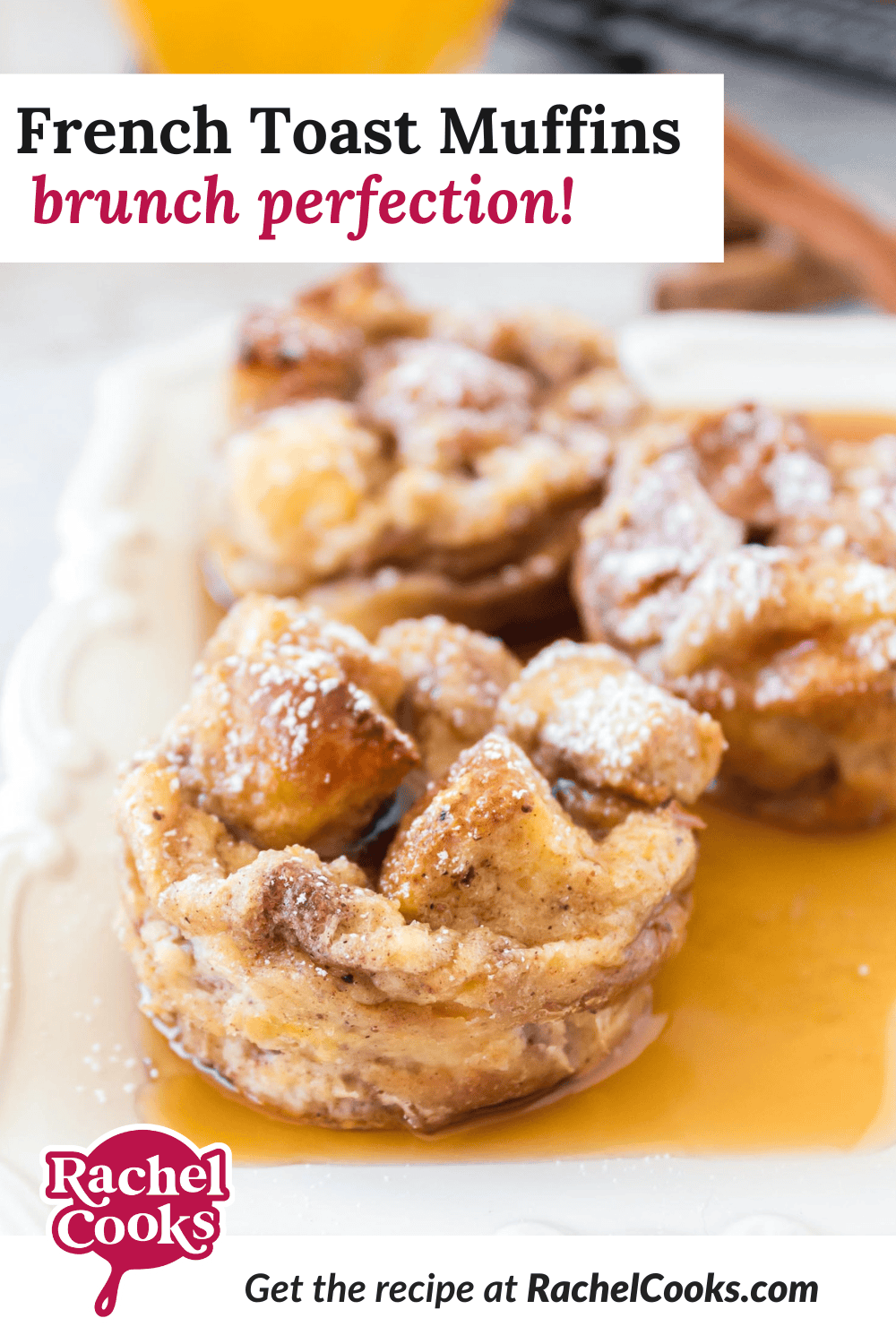 French toast muffins Pinterest graphic with text and photos.