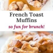 French toast muffins Pinterest graphic with text and photos.