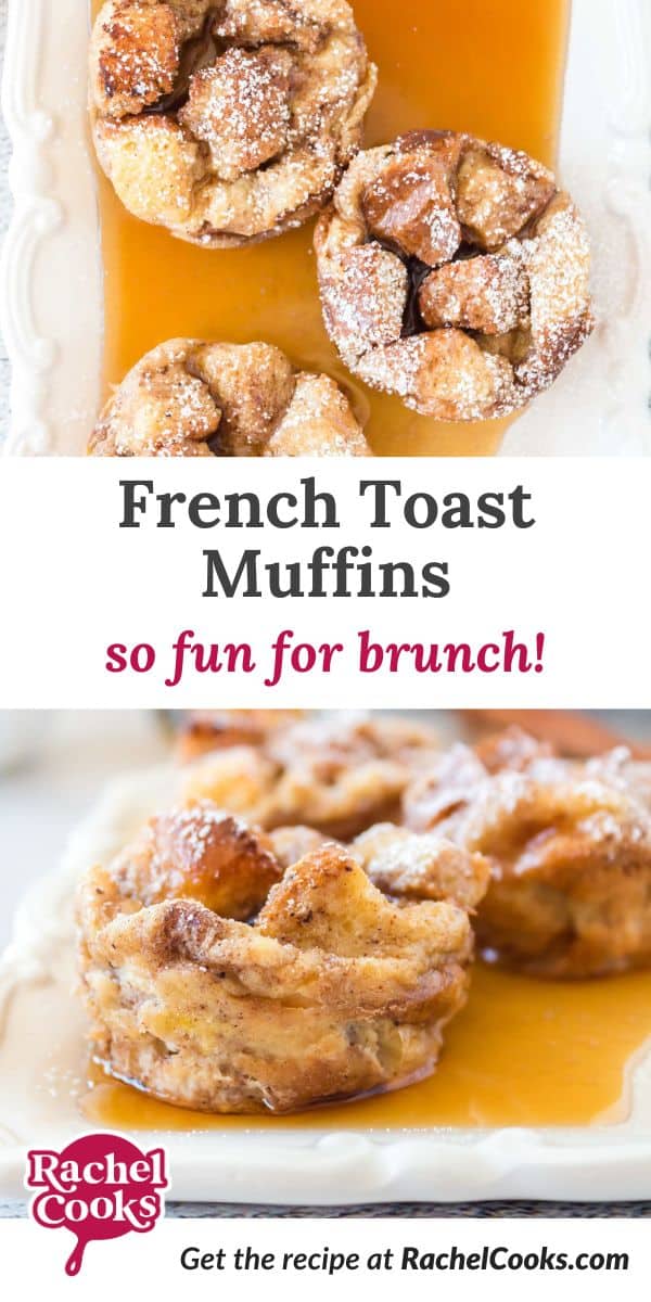 French toast muffins Pinterest graphic with text and photos.