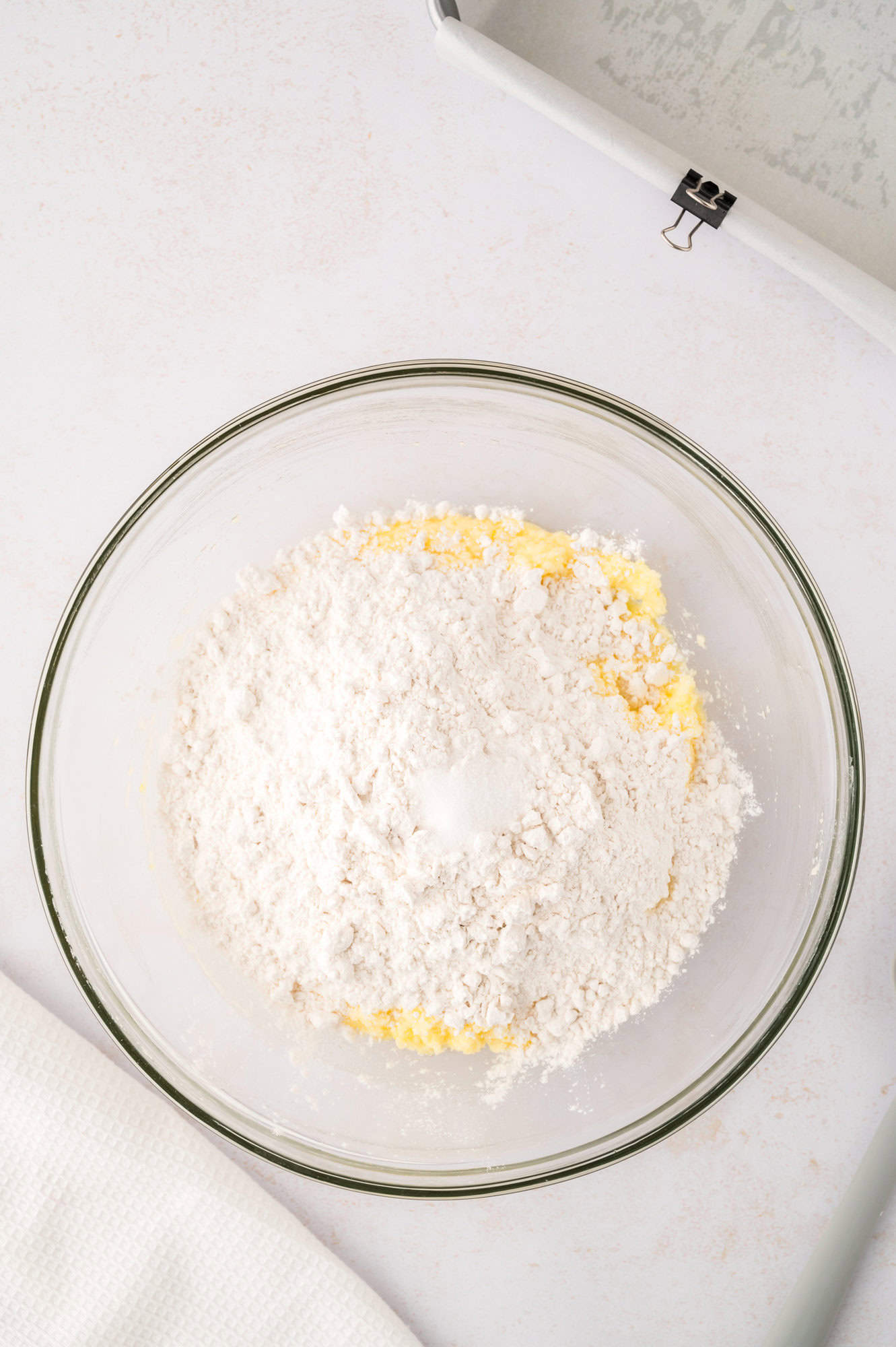 Dry ingredients added to wet ingredients.