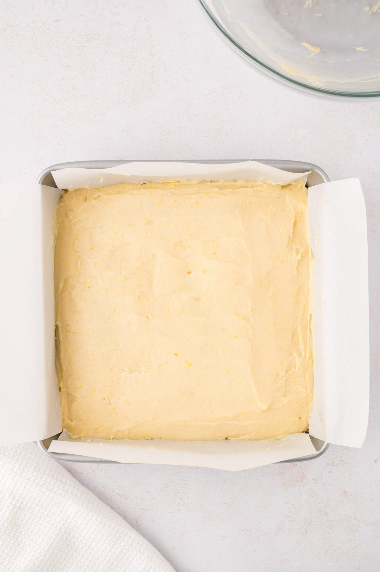 Unbaked batter spread into pan.