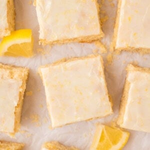 Overhead view of cut lemon brownies.