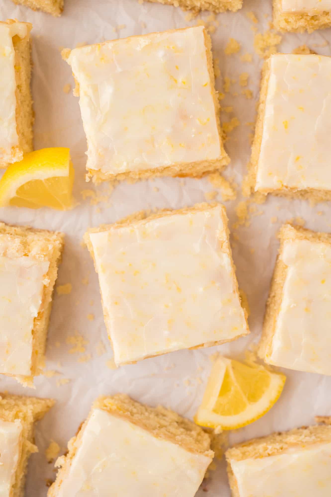 Overhead view of cut lemon brownies.