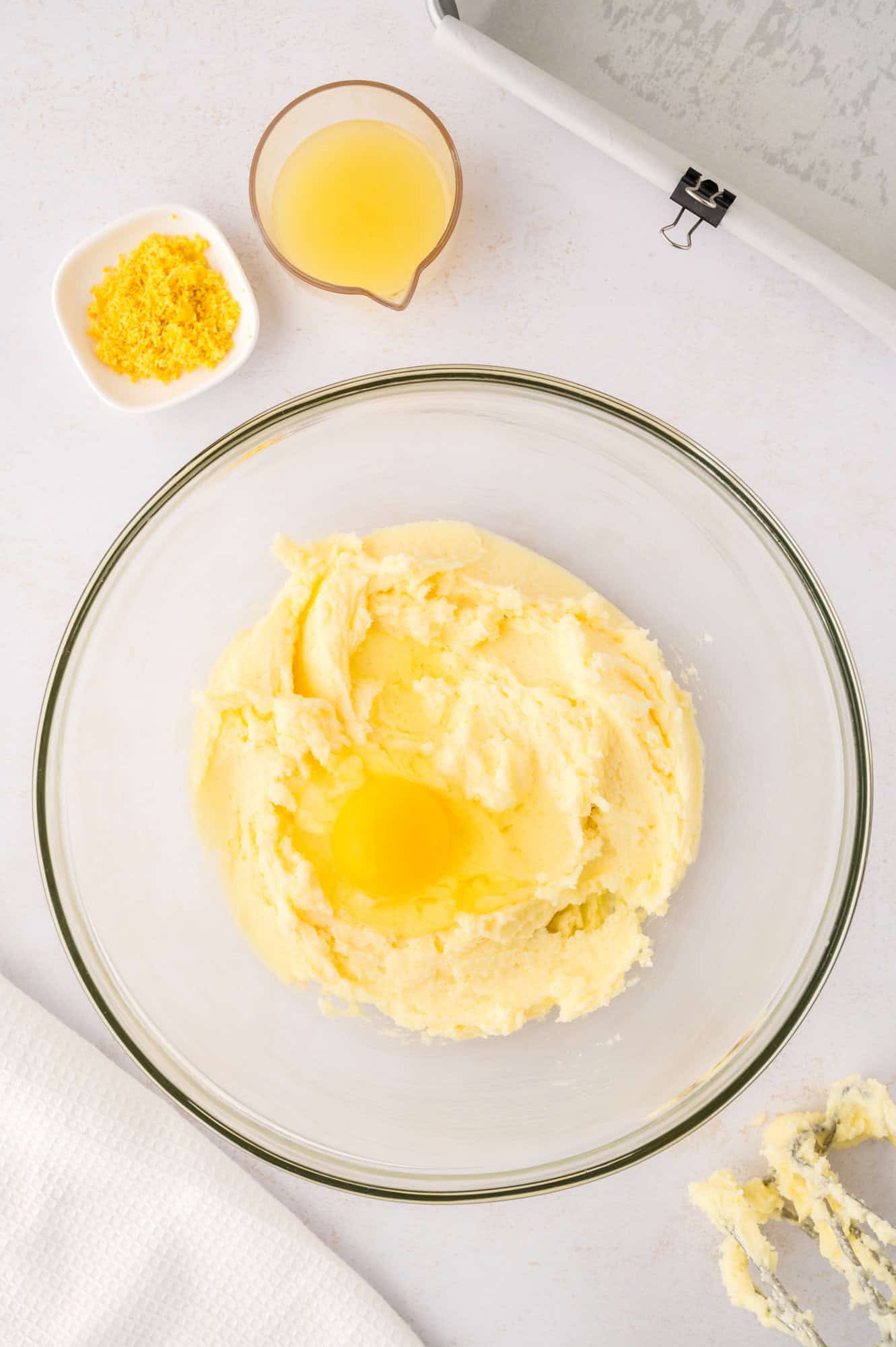 Butter and sugar blended, egg added.