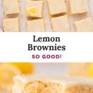 Lemon brownies Pinterest graphic with text and photos.