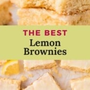 Lemon brownies Pinterest graphic with text and photos.