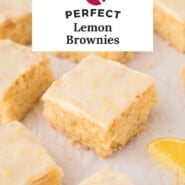 Lemon brownies Pinterest graphic with text and photos.
