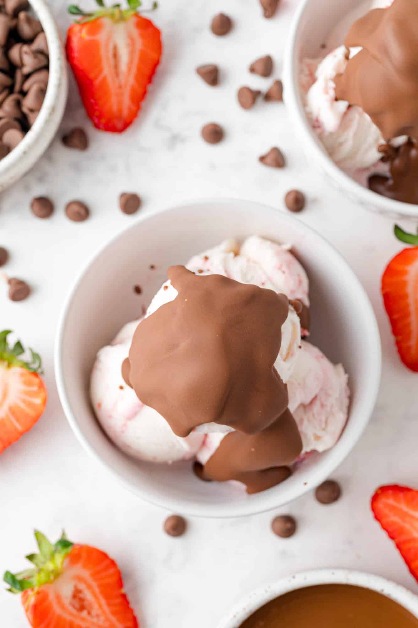 Overhead view of magic shell on ice cream.