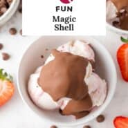 Magic shell Pinterest graphic with text and photos.