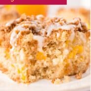 Peach coffee cake Pinterest graphic with text and photos.