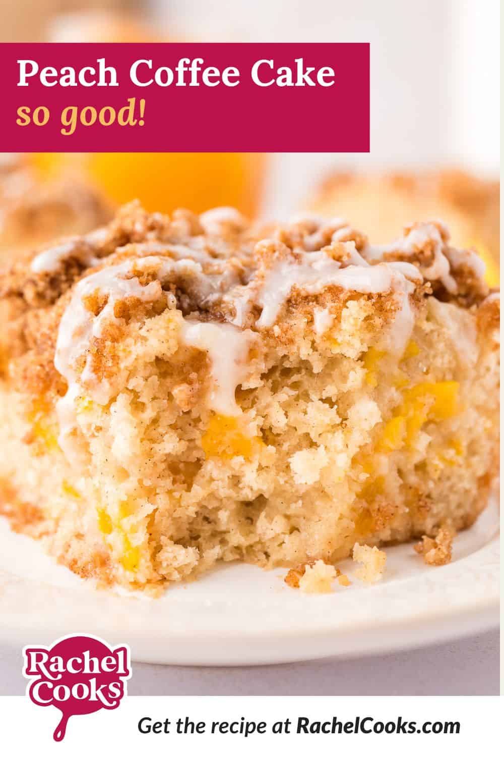 Peach coffee cake Pinterest graphic with text and photos.