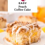 Peach coffee cake Pinterest graphic with text and photos.