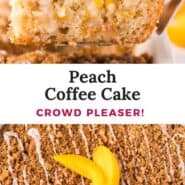 Peach coffee cake Pinterest graphic with text and photos.