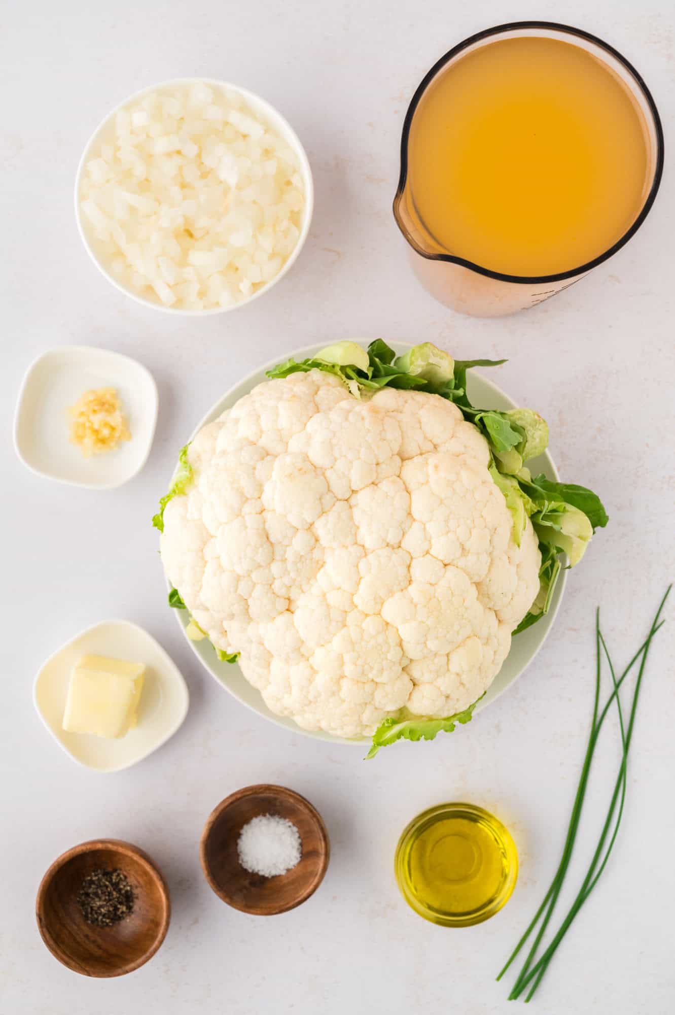 Overhead view of ingredients needed for soup.