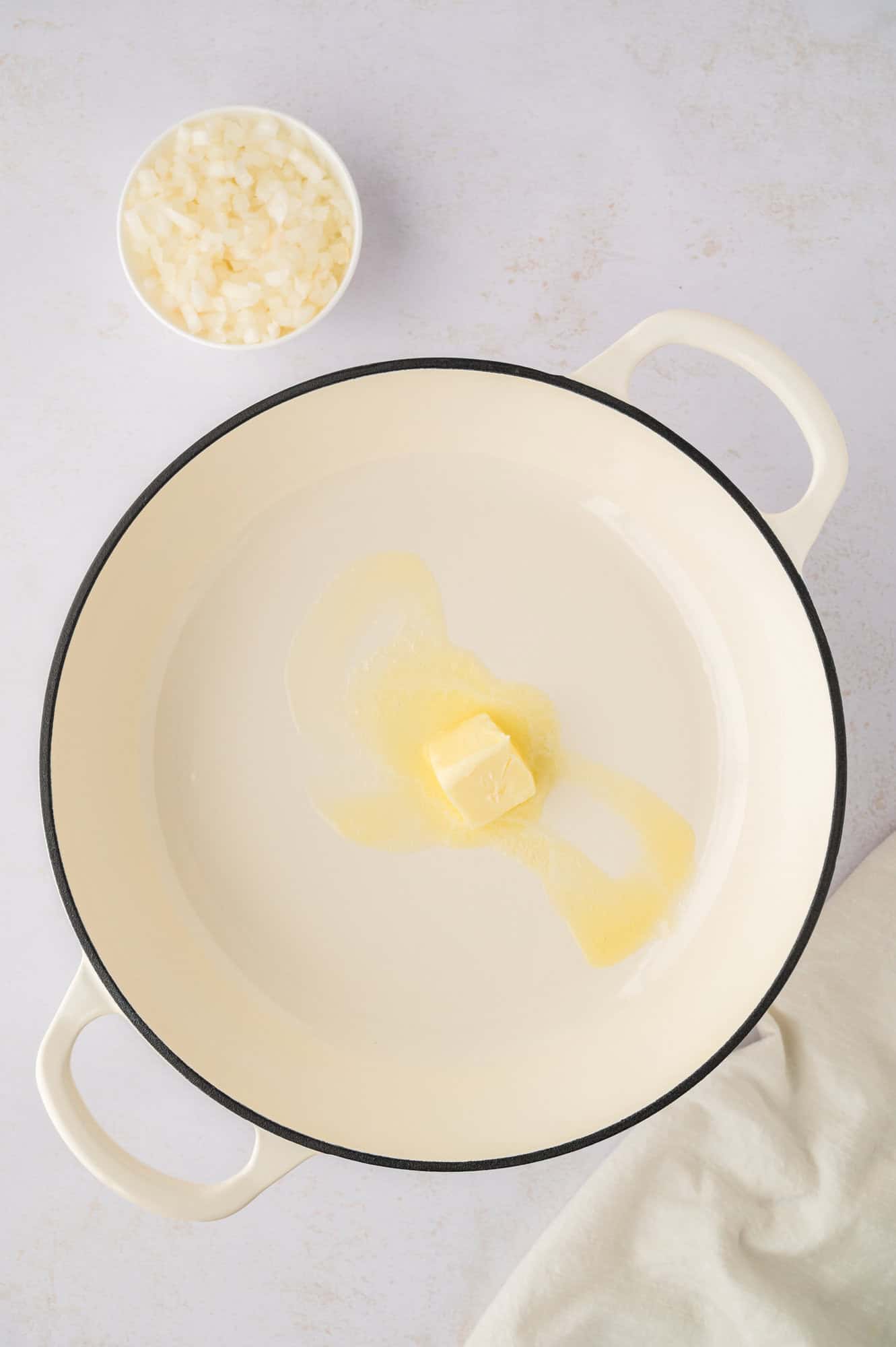 Butter melting in a dutch oven.