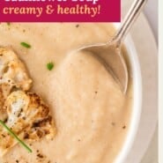 Roasted cauliflower soup Pinterest graphic with text and photos.