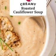 Roasted cauliflower soup Pinterest graphic with text and photos.