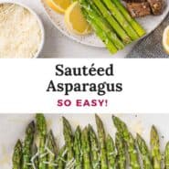 Sautéed asparagus Pinterest graphic with text and photos.
