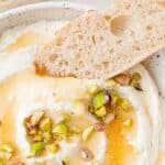 Whipped feta topped with honey and pistachio.