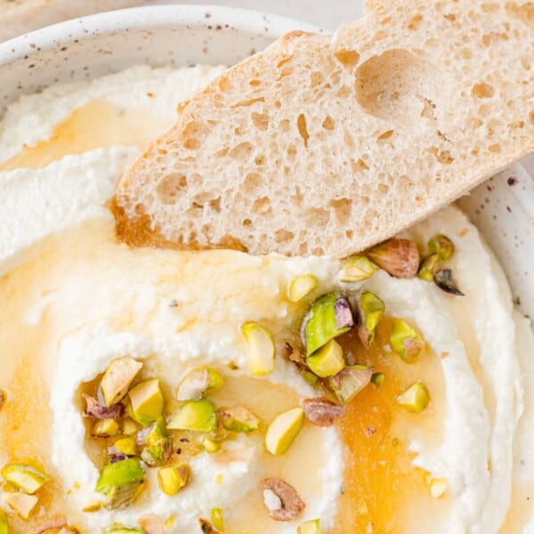 Whipped feta topped with honey and pistachio.